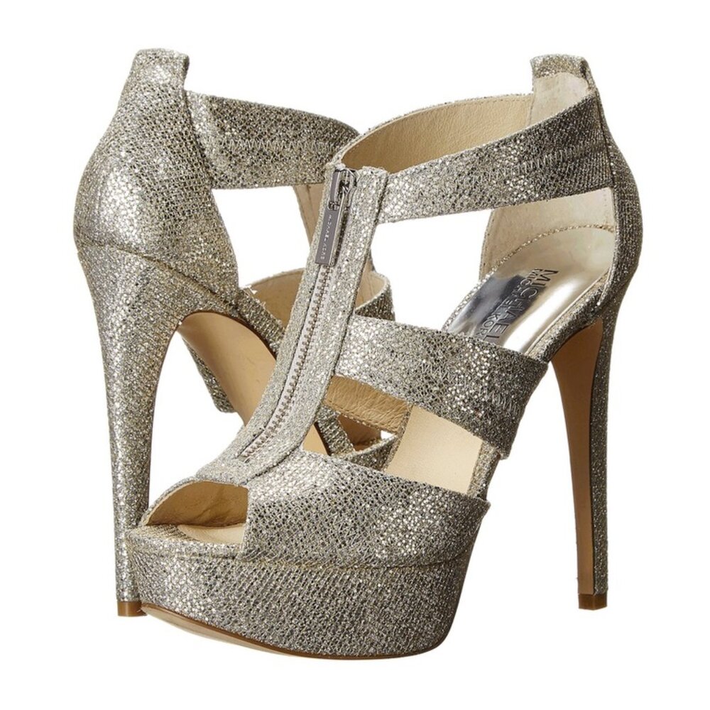 NWOB Michael Michael Kors Berkley T Strap Silver Glitter Platform Heels